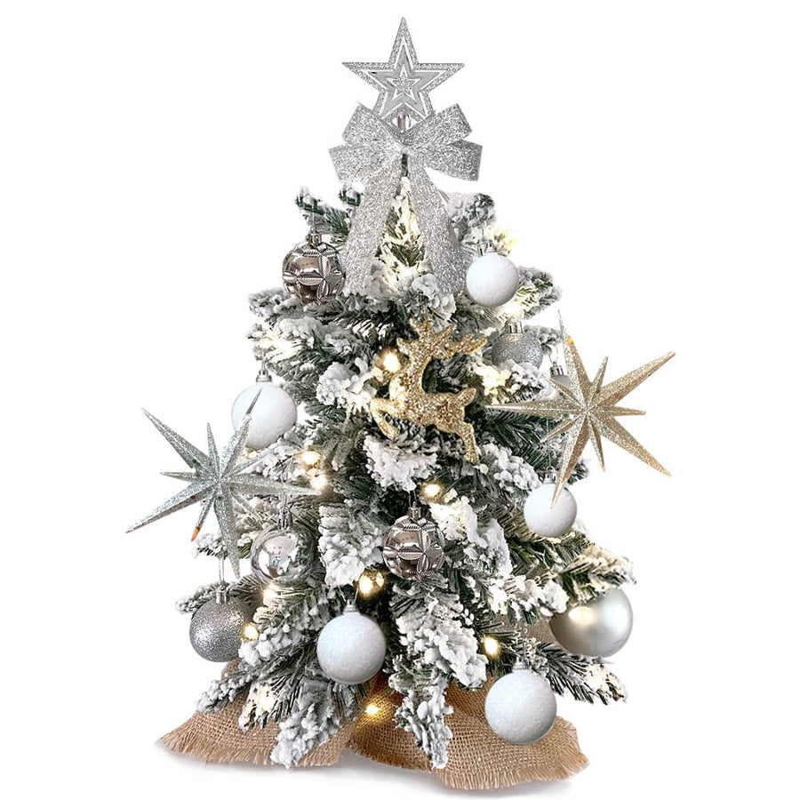 Tabletop Christmas Tree with Light, 2FT Small White Artificial Christmas Decoration Tree with Flocked Snow, Rich Decor & Xmas Ornaments for Home & Office, Silver