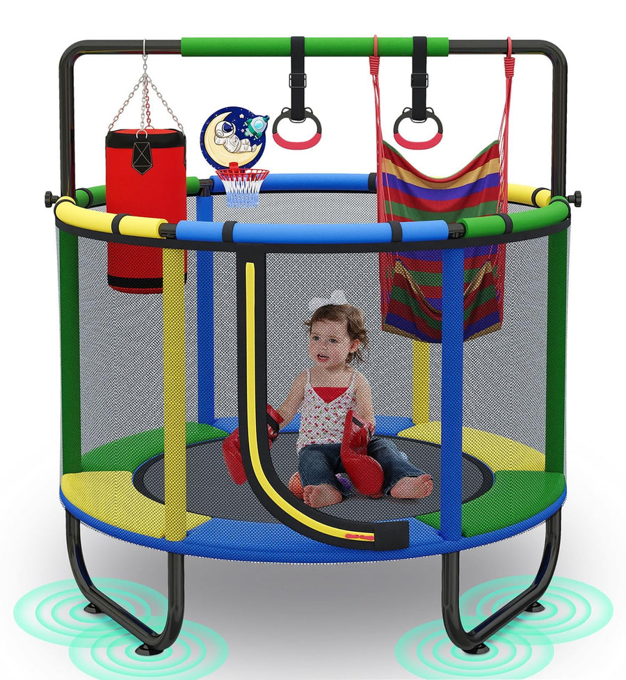 Toddler Trampoline for Kids, 55inch Mini Trampoline with Enclosure, Basketball Set, Swing, Adjustable Gymnastics Bar Ring, Boxing Bag, Round Small Trampoline for Baby as Boys & Girls Gift