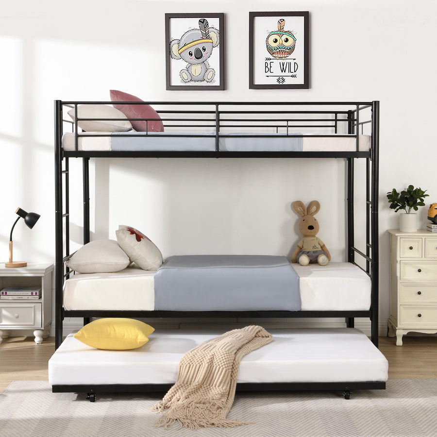 Twin Over Twin Bunk Bed, Heavy Duty Metal Bed Frame with Trundle, Twin Over Twin Size Bed with 2 Side Ladder and Safety Rails, Bunk Beds for Kids Guest Small Rooms Up to 3 People, Black