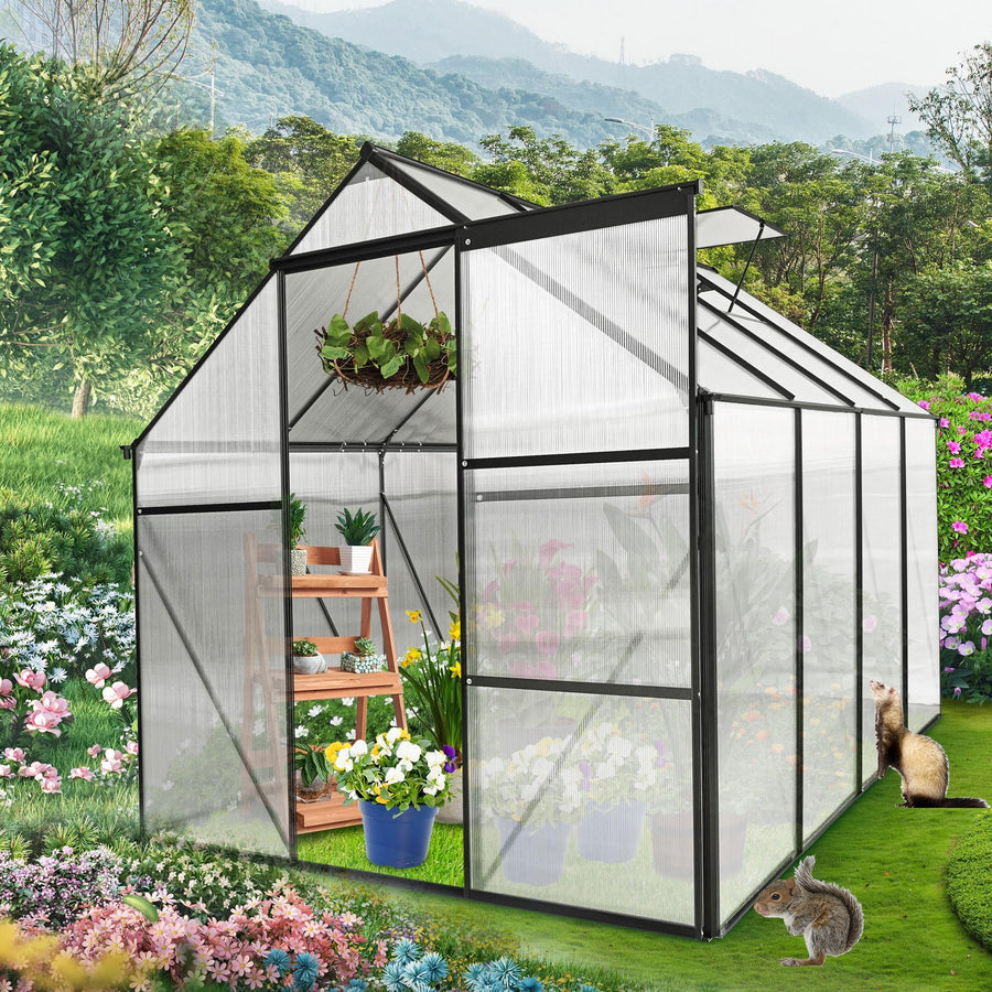 Walk-in Green House for Outisde, Seizeen Heavy Duty Polycarbonate Greenhouse with Aluminum Frame, Raised Base, Skylight, Sliding Door, 6x8FT