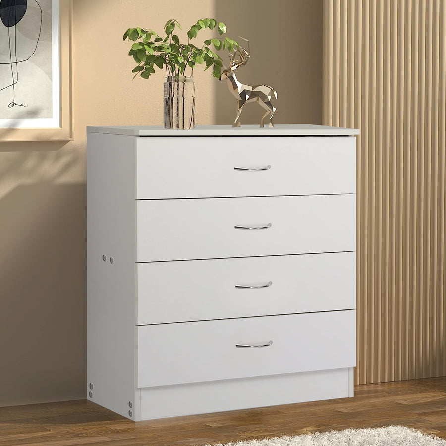 White Chest of Drawer with 4 Sliding Drawers, File Cabinet with Metal Handle, Bedside Nightstand Table Bedroom Furniture