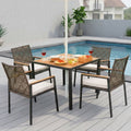 Outdoor Dining Set, 5-piece Outdoor Patio Furniture Table and Chairs Cushioned, Hollow Rattan Dining Table Set for 4, Bold Metal Frame, Acacia Woodtop, Umbrella Hole