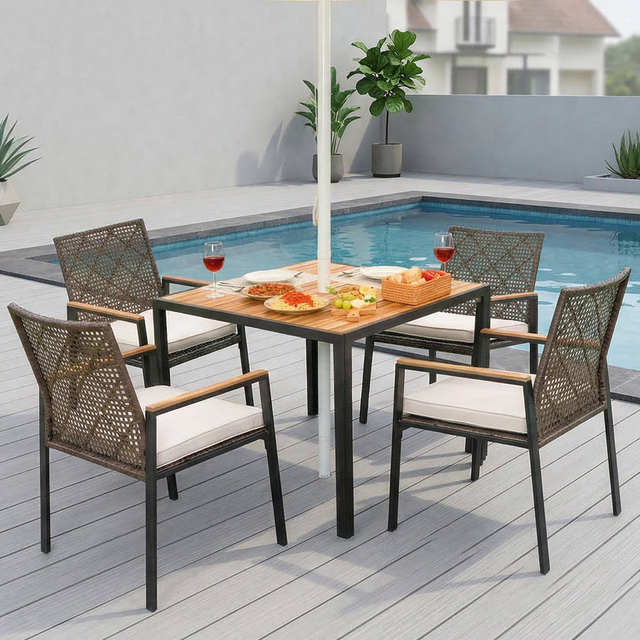 Outdoor Dining Set, 5-piece Outdoor Patio Furniture Table and Chairs Cushioned, Hollow Rattan Dining Table Set for 4, Bold Metal Frame, Acacia Woodtop, Umbrella Hole