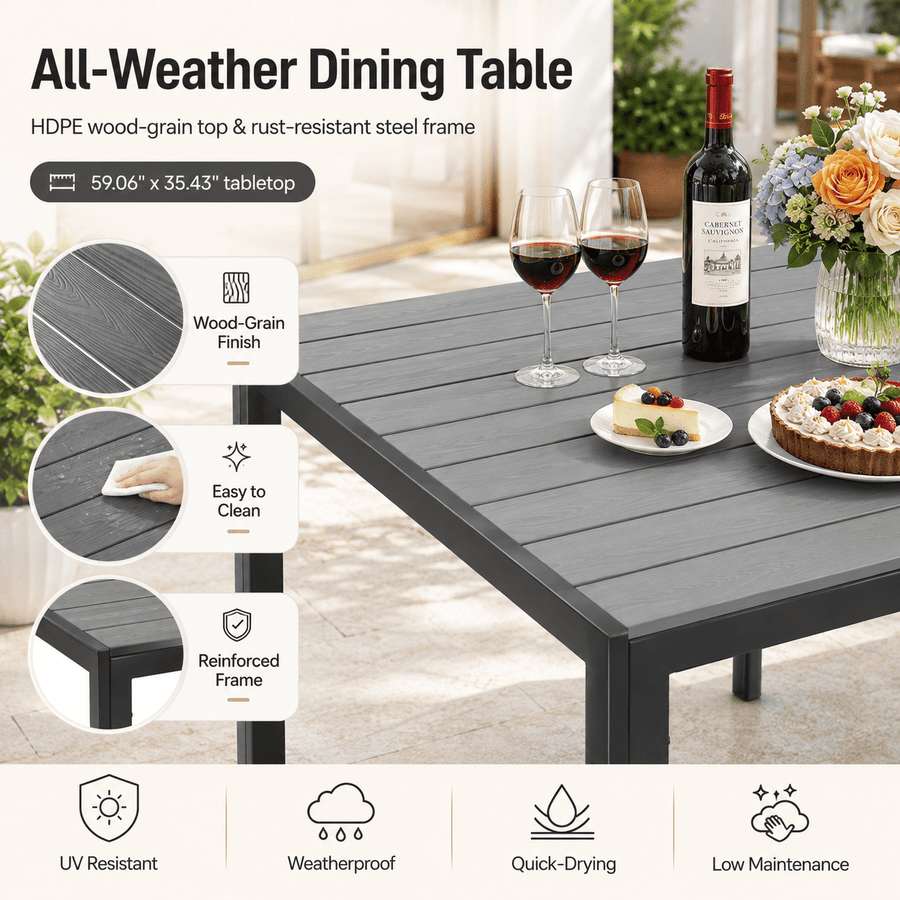 Outdoor Dining Table & Chairs, Patio Dining Sets with 6 Stackable Textilene Armchairs, All-Weather Plastic Furniture Dining Set Steel Frame and Wood Grain Top Table