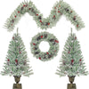 Pre-lit Artificial Xmas Tree Set, 4 Pcs Christmas Decorations 2 Packs 4' Pre-Lit Christmas Trees 20" Wreath & 9' Garland, with 10 Light Modes, Rich Ornaments for Indoor Outdoor Fireplace Decor, White