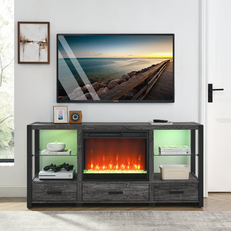 3-IN-1 Fireplace TV Stand with LED Lights, 1400W Electric Fireplace Heater Entertainment Center for 70" TVs, TV Console Cabinet W/Colorful Virtual Flame, Remote Control, Dark Oak