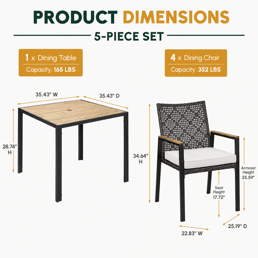 Outdoor Dining Set, 5-piece Outdoor Patio Furniture Table and Chairs Cushioned, Hollow Rattan Dining Table Set for 4, Bold Metal Frame, Acacia Woodtop, Umbrella Hole
