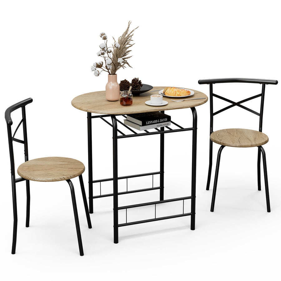 3 Pieces Dining Table Set, Metal Breakfast Table Set For 2 Seats, Simple Bistro Set With With Storage Rack, Dining Table & Chair Set For Home Kitchen Small Space, Wood