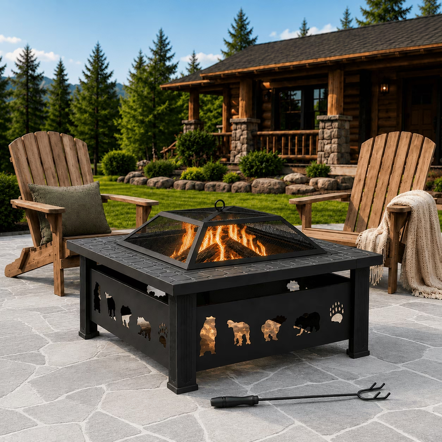 Seizeen Fire Pit, 32’’ Square Metal Wood Burning Fire Table for Outdoor, Diamond Pattern Firepit with Poker & Screen, Patio Backyard Garden Camping Warming Stove with Stone Tabletop