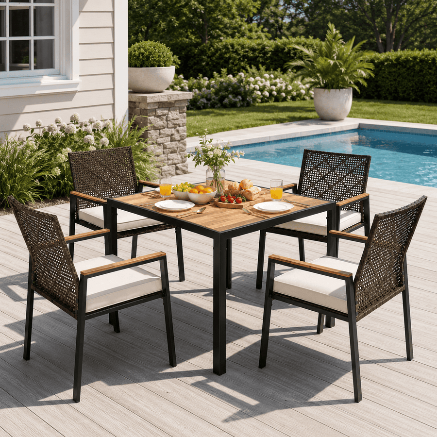 Outdoor Dining Set, 5-piece Outdoor Patio Furniture Table and Chairs Cushioned, Hollow Rattan Dining Table Set for 4, Bold Metal Frame, Acacia Woodtop, Umbrella Hole