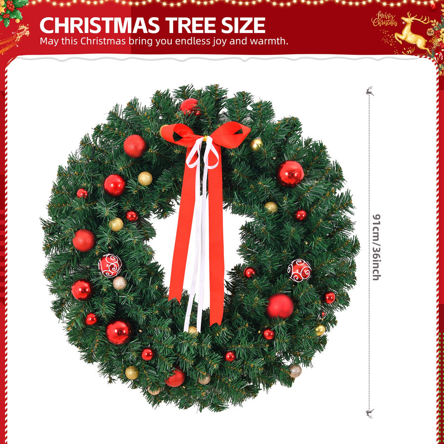 36in Pre-lit Battery Powered Christmas Wreath – Lighted Artificial Xmas Wreath with 80 Warm Lights, 270 PVC Tips & 18 DIY Ornaments for Front Door, Gate & Wall Xmas Party Decorations