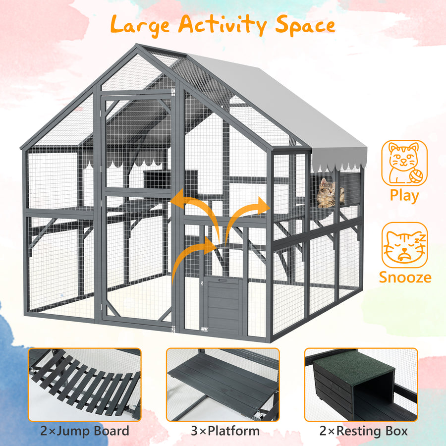 82''L Catio Enclosure for Cars, Seizeen Outdoor Cat House Cat Cage Extra Large Walk-in Enclosure for Kitty Pet w/Waterproof Top, Bridges, Platforms, Rest Boxes
