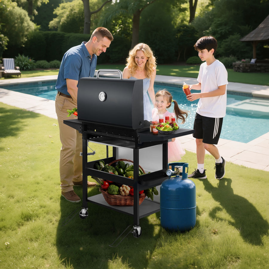 4-Burner Propane Gas Grill with Brush, Seizeen 40,000BTU Outdoor BBQ Grill, Stainless Steel Camping Stove with Foldable table, Hanging Basket, Support Legs