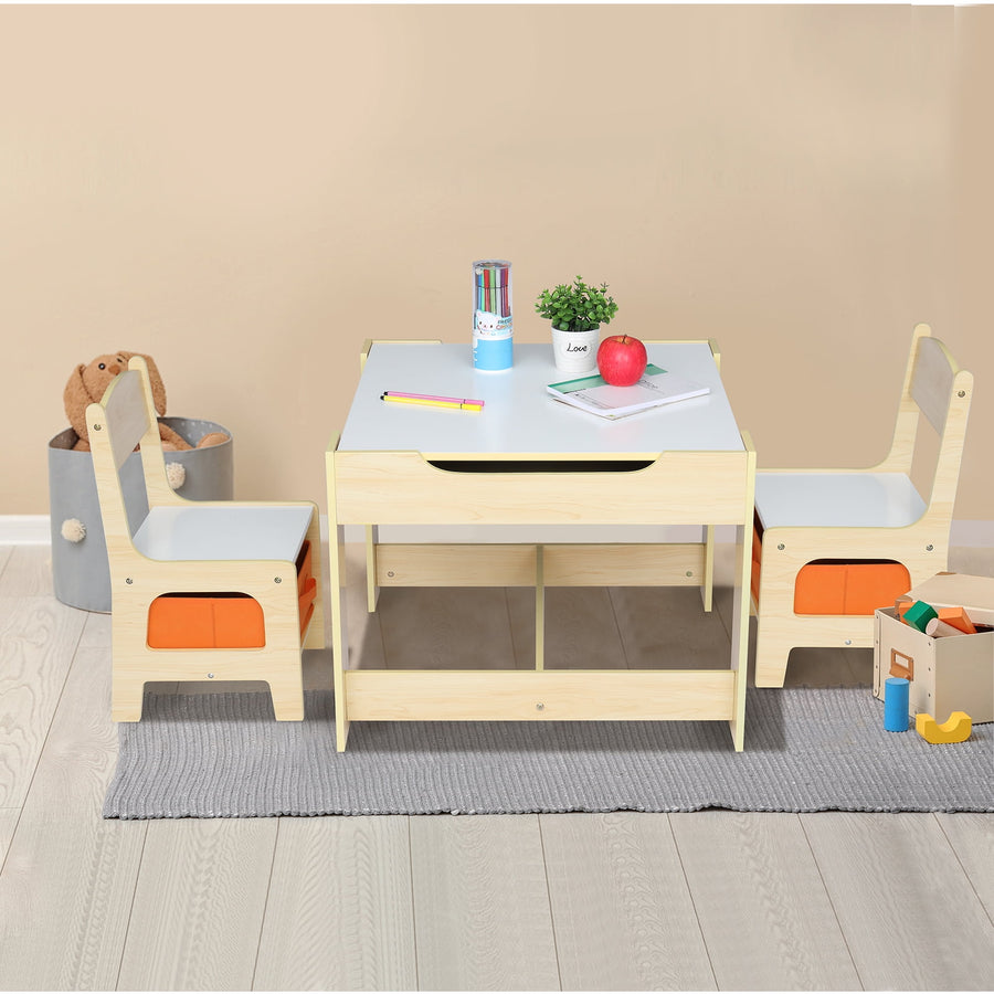 Seizeen Kids Table and Chair Set, 3-in-1 Wooden Activity Table with Storage, Detachable Double sided Tabletop and 2 Chairs w/ Hidden Drawer for Children Playroom, Nursery, Toddler Table and Chair Set