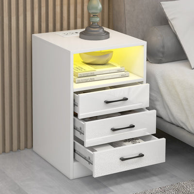 Seizeen LED Nightstand with Charging Station 3 Drawers, Modern Bedroom End Side Table with 16 LED Lights, White Wooden Sofa Bedside Table with Storage Cabinet
