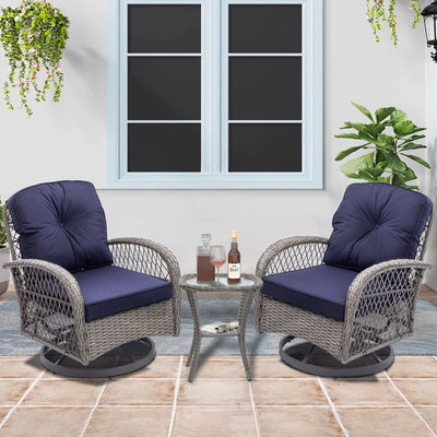 Rattan Outdoor Furniture, 3 Pieces Patio Furniture Set, Wicker Outdoor Swivel Glider Rocker w/Table, Balcony Porch Outdoor Rocking Bistro Set for 2, Navy Cushions
