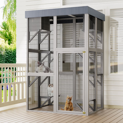 Seizeen 70’’H Catio for Outdoor, Solid Wood Cat House Enclosure, Indoor Pet Cage w/6 Jumping Platforms & 2 Napping Houses, Weatherproof Roof