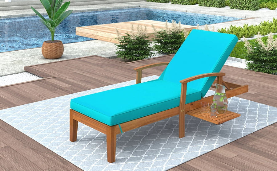 Seizeen Patio Chaise Lounge Chair with Removable Cushion, Wheels & Sliding Cup Table, Brown Finish+Blue Cushion