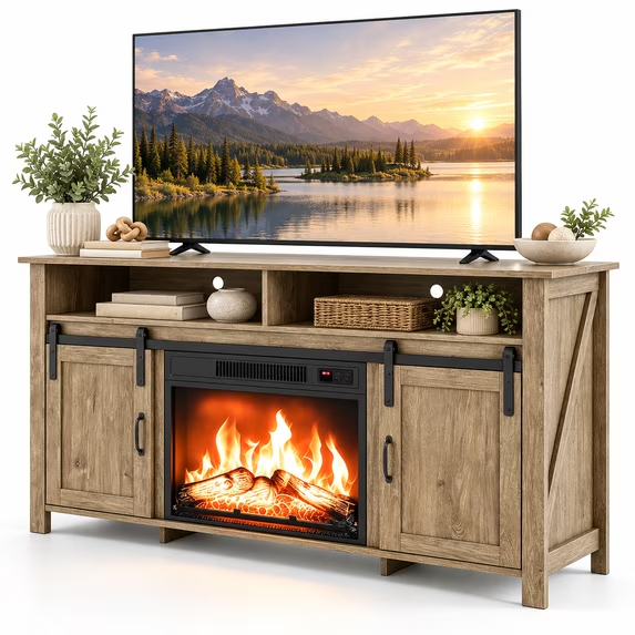 Farmhouse Fireplace TV Stand for 65 Inch TV, Rustic Entertainment Center with 23 Inch Electric Fireplace Insert, Sliding Barn Doors, Adjustable Storage Shelves, Weathered Wood Finish Media Console