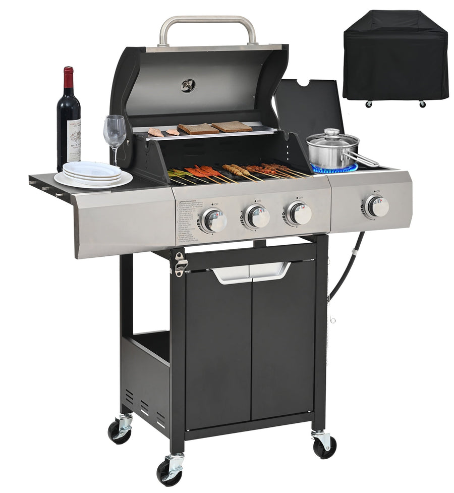 40,500BTU Gas Propane Grill w/Waterproof Cover, Outdoor 3-Burner BBQ Grill with Side Burner, Portable Grill on Wheels for Camping Backyard Cooking