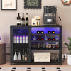 Wine Rack Cabinet with LED Lights, Metal Frame Bar Cabinet with Wine Rack, 4-Tier Sideboard Cabinet with Glass Holder & Power Outlet for Bar Kitchen Dining Room, Black