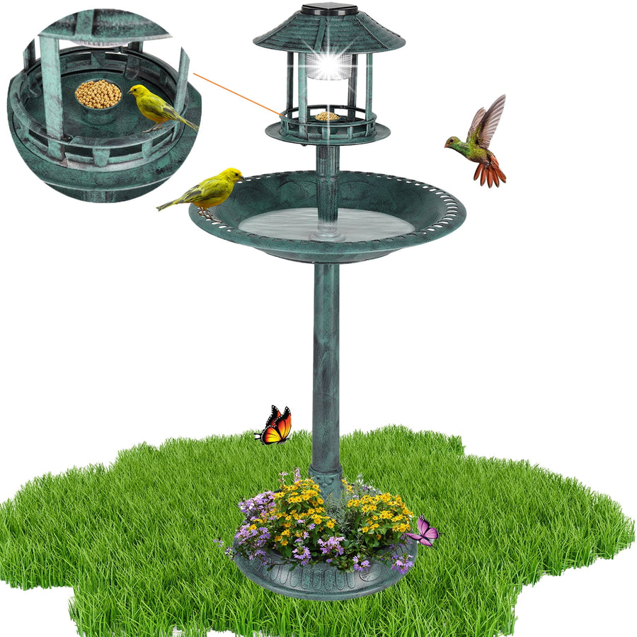 Bird Bath with Bird Feeder, Seizeen Round Birdbath for Outdoor Garden with Solar Light & Planter, Green Garden Decor 42''H