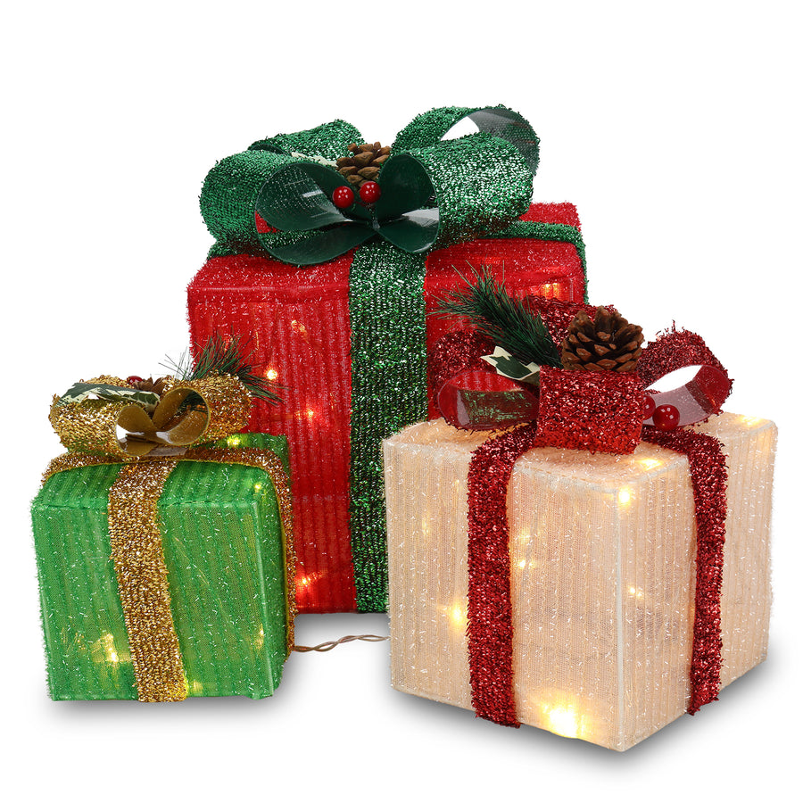 Flocked Gift Box w/Colorful Lights, 3pcs Christmas Ornaments with Berries, Branches, Pine Cones Decor, Lighted Christmas Tree Decorations for Indoor Home