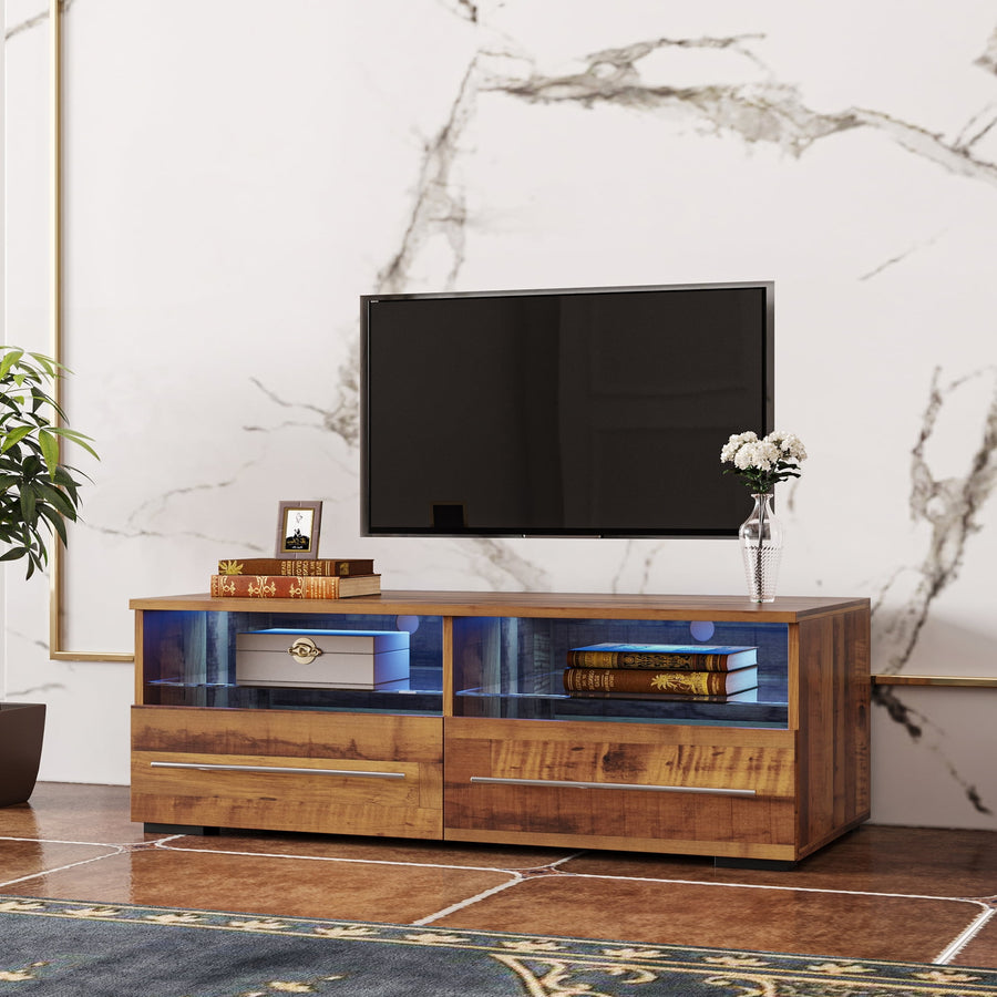 Seizeen TV Stand with LED Lights, Wood TV Cabinet with Large Storage for 45inch TV, Modern LED TV Stand Entertainment Center for Living Room Game Room, Light Walnut