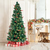 6.5FT Green Christmas Tree, Pre-Lit Artificial Xmas Tree with Colorful Candle Lights, Hinged Quick DIY Design, Pinecone and Berry Decoration