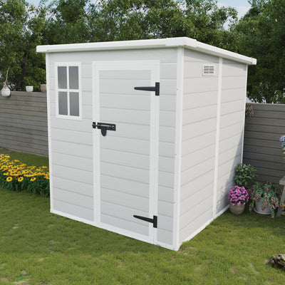 Large Storage Shed, 6ft Waterproof Resin Shed Lockable, All Weather Patio Garden Backyard Storage with Floor & Window & Vents, Sloped Roof Design