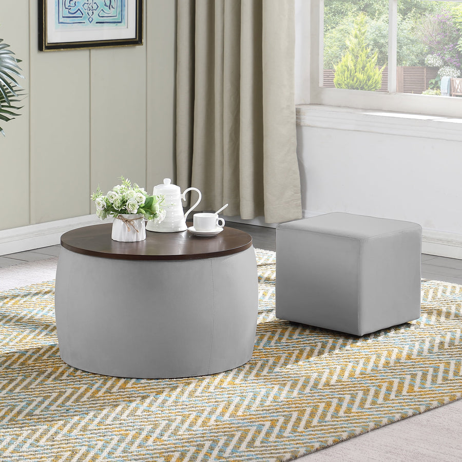 Round End/Side Table With Storage, Storage Ottomans with Square Footstool, Wooden Tray, Fabric Wrapped, 2-in-1 Multifunctional Furniture for Home Living Room Bedroom, Gray