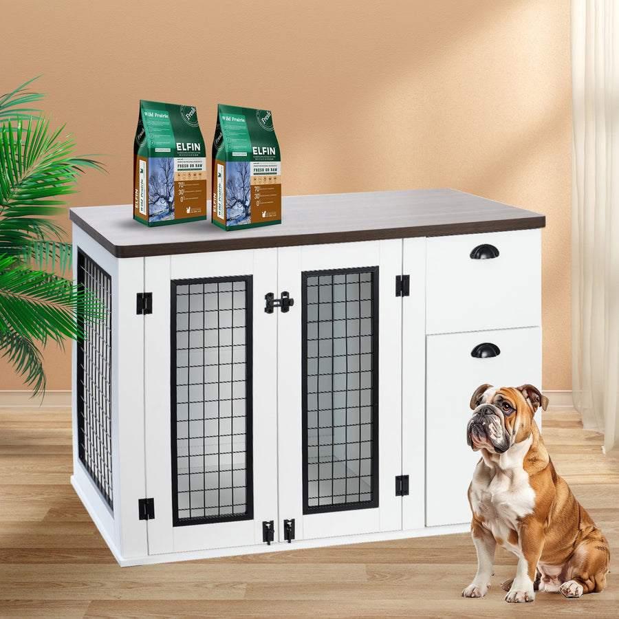 White Dog Crate and Kennel, 2-In-1 Dog Crate Furniture & Side Cabinet, 44"L XL Dog Cages for Inside, Wooden Dog Kennel House w/Cabinet and Drawer