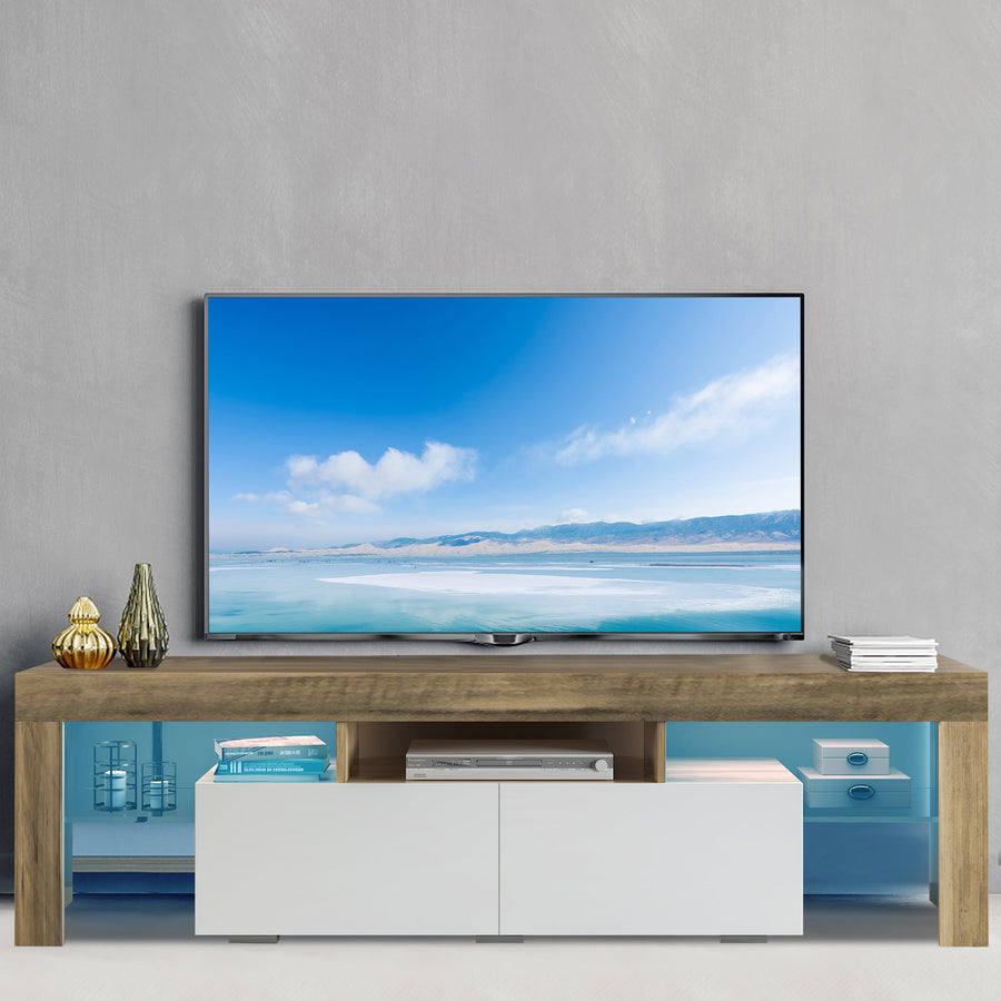 TV Stand with LED Lights, Seizeen Simple Style Entertainment Center for 70 inch TV, Media TV Cabinet & TV Console with RC 16-Color Lights, 2 Drawers and 3 Shelves, Gray Walnut & White