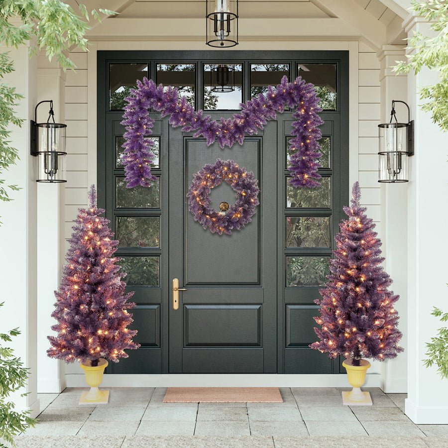 4pcs Christmas Garland & Wreath Set, 2 Packs 3' Pre-Lit Christmas Trees 1.3' Wreath 7.3' Garland, Artificial Xmas Decorative Set for Door Fireplace Decoration with Lights, Purple