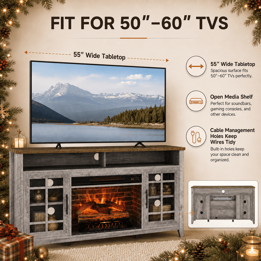 Seizeen Fireplace TV Stand for 60'' TV, 55''L Entertainment Center TV Cabinet, Farmhouse Media Console W/Large Storage, Remote Control for Fireplace, Infrared Heater & Virtual Flame, Gray Wash