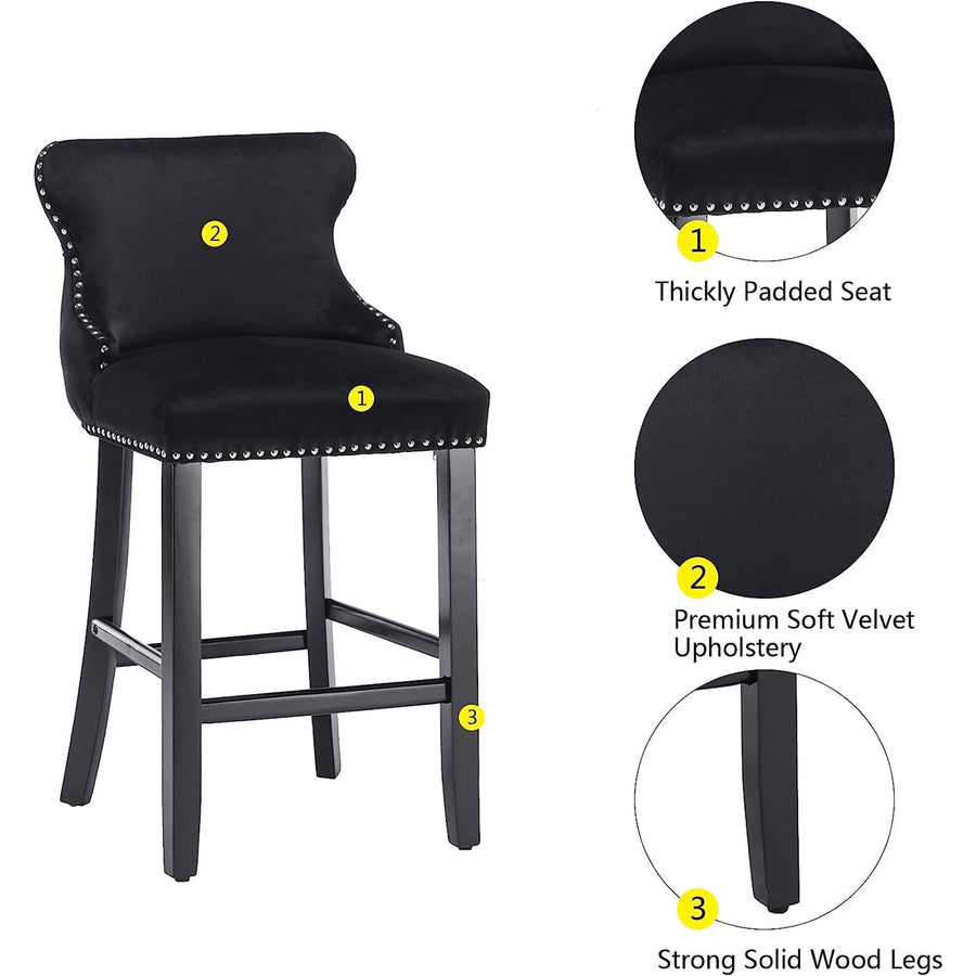Seizeen Counter Height Bar Stools, Set of 2, Wing-back Velvet Dining Chairs with Soft Cushion, Solid Wood Legs, Button Tufted Decoration and Chrome Nailhead Trim, Black