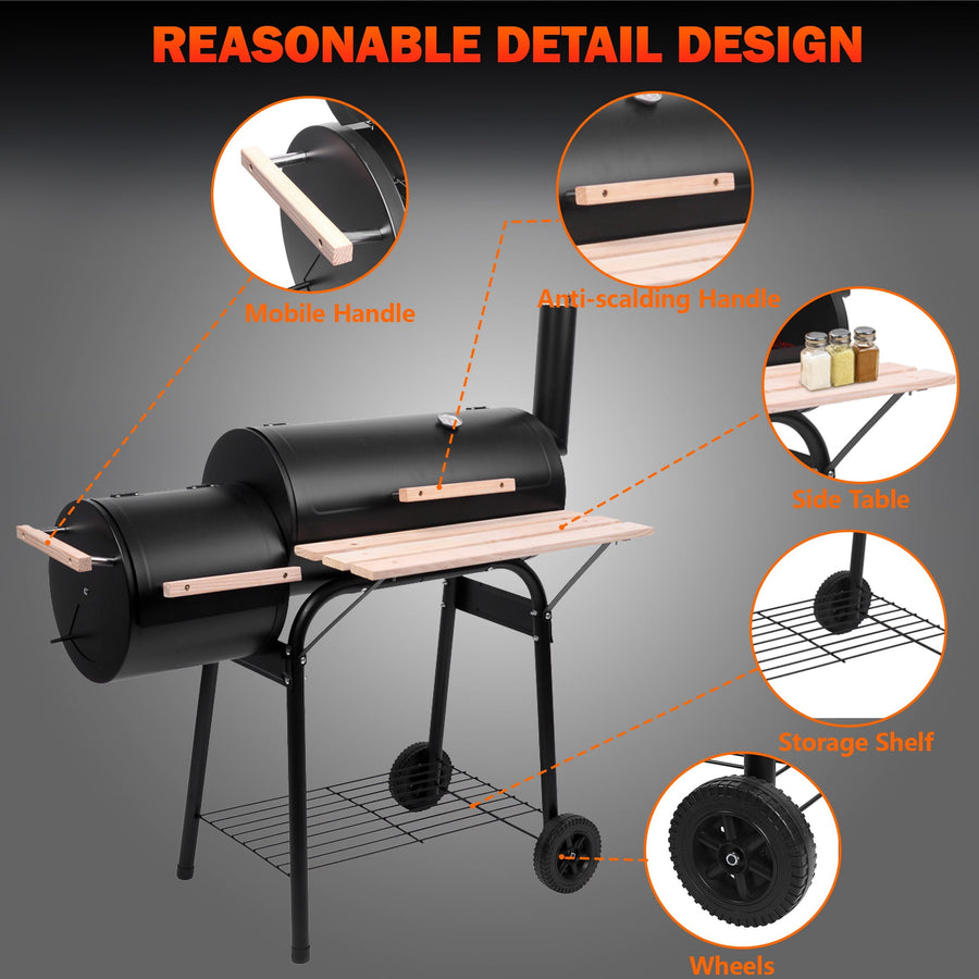 Seizeen Charcoal Grill w/Smoker, Outdoor BBQ Grill with Side Table, Portable Offset Smoker W/2-Zone Area
