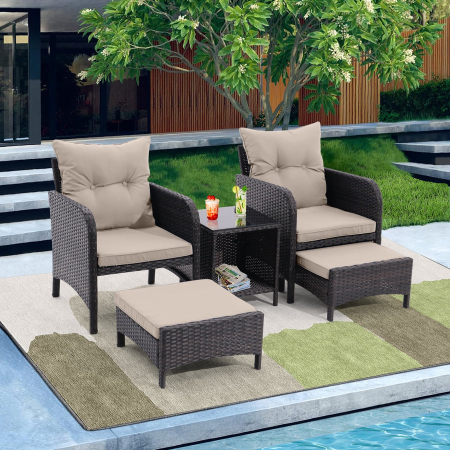 5-Piece Patio Conversation Set, Rattan Outdoor Patio Chairs with Ottomans, All Weather PE Rattan Chair Ottoman Footstool Set for Garden, Balcony, Porch