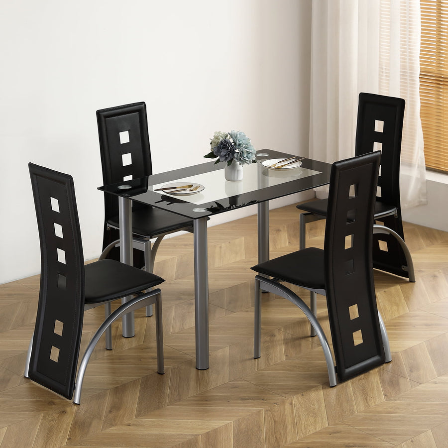 Dining Table Set for 4, Seizeen New Design 5 Pieces Dining Room Set, Glass Dining Table with Height Leather Chairs, Small Space Breakfast Nook Set Bar Table for Kitchen, Black