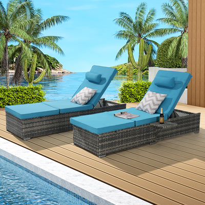 Outdoor Chaise Lounge Chairs Set of 2, PE Wicker Patio Rattan Reclining Chair Cushioned w/ Adjustable Backrest, Pool Sunbathing Recliners with Side Table, Pillow, Lake Blue