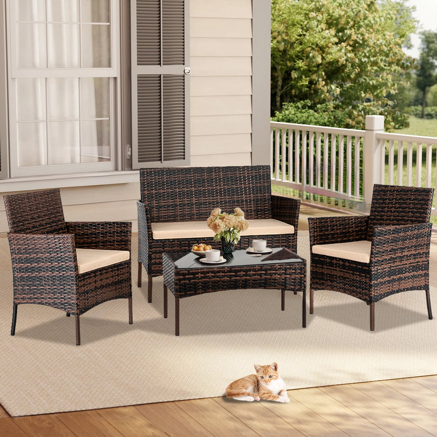 Patio Furniture Set, 4 Pieces Outdoor Rattan Conversation Sofa Set, All-Weather Wicker Patio Sets, Cushioned Sofa and Coffee Table for Garden Deck Courtyard, Brown