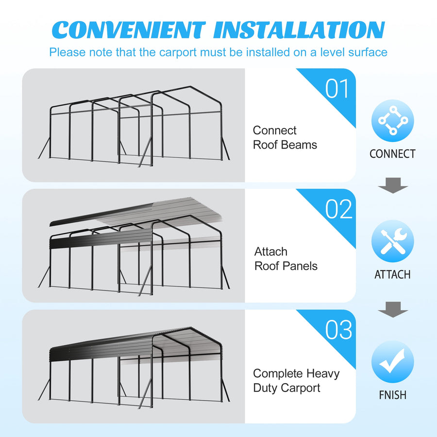 13x20ft Carport Galvanized Steel, Heavy Duty Carport Shelter with Reinforced Frame&4 Poles for Outdoor, Weatherproof Roof, Car Boat Tractor ATV RV Shelter, 44MPH Near Gale Level