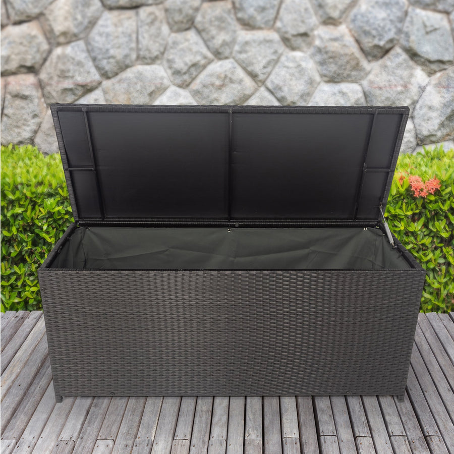 Seizeen Rattan Outdoor Storage Box, XL Wicker Deck Box & Cushion Storage Container, Waterproof Pool Box for Pool Accessories, 113 Gallon Patio Storage Box W/Inner Liner, Black