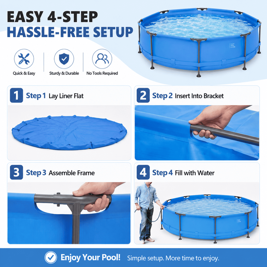 Outdoor Swimming Pool, 10FT x 30IN Round Above Ground Pool with Blue Iron Frame, Outdoor Backyard Swimming Pool for Family Summer Water Fun, Metal Frame Pool for Patio, Garden & Yard