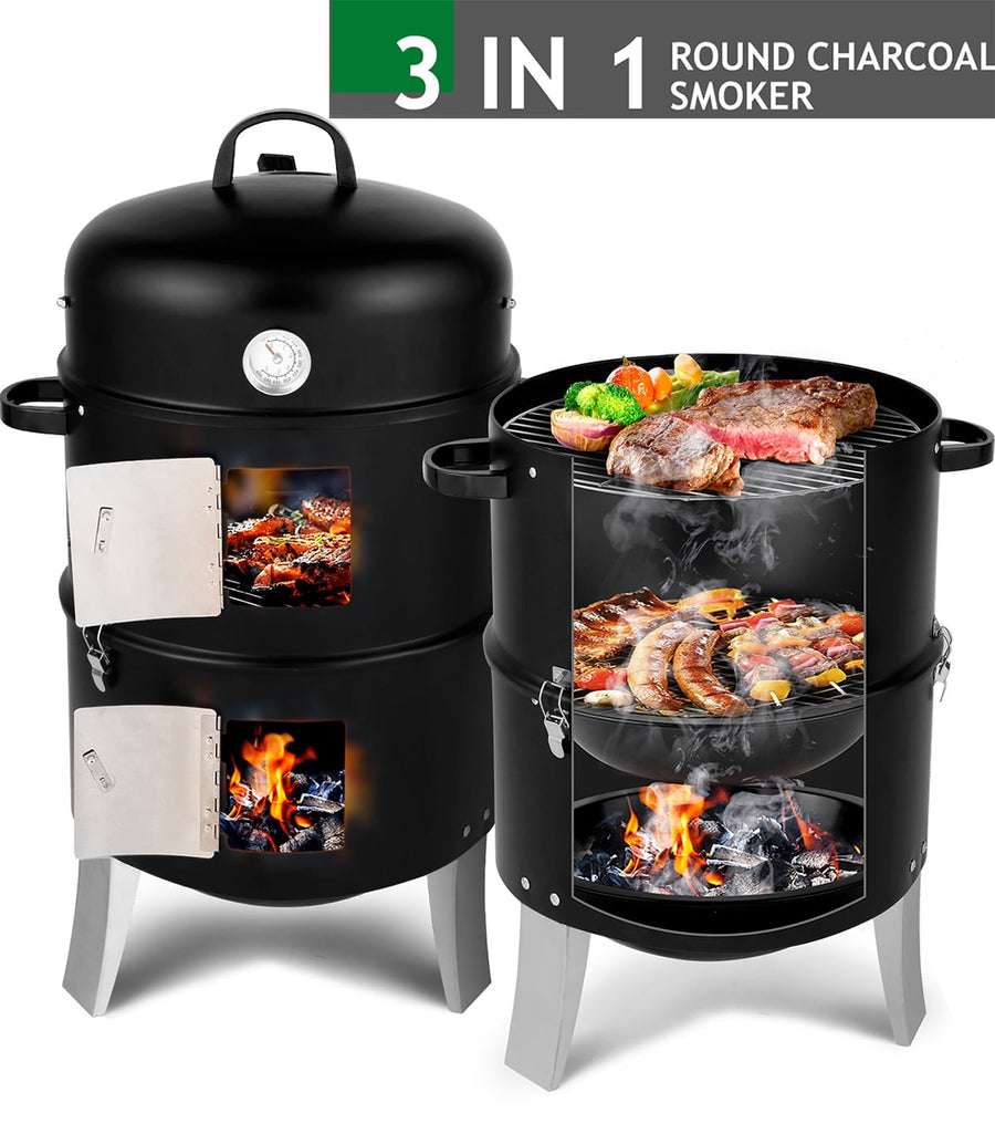 3-IN-1 Multipurpose Grill, BBQ Grill & Smoker & Fire Pit for Outside, Portable Charcoal Smoker with Detachable 2 Layer, Stainless Steel Door