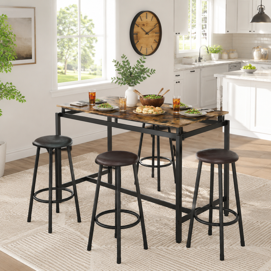 Seizeen 5 Piece Counter Height Dining Table Set, Kitchen Dining Room Table Set with 4 Leather Upholstered Bar Stools, Wood Top High Top Dining Set for Small Space, Espresso & Black
