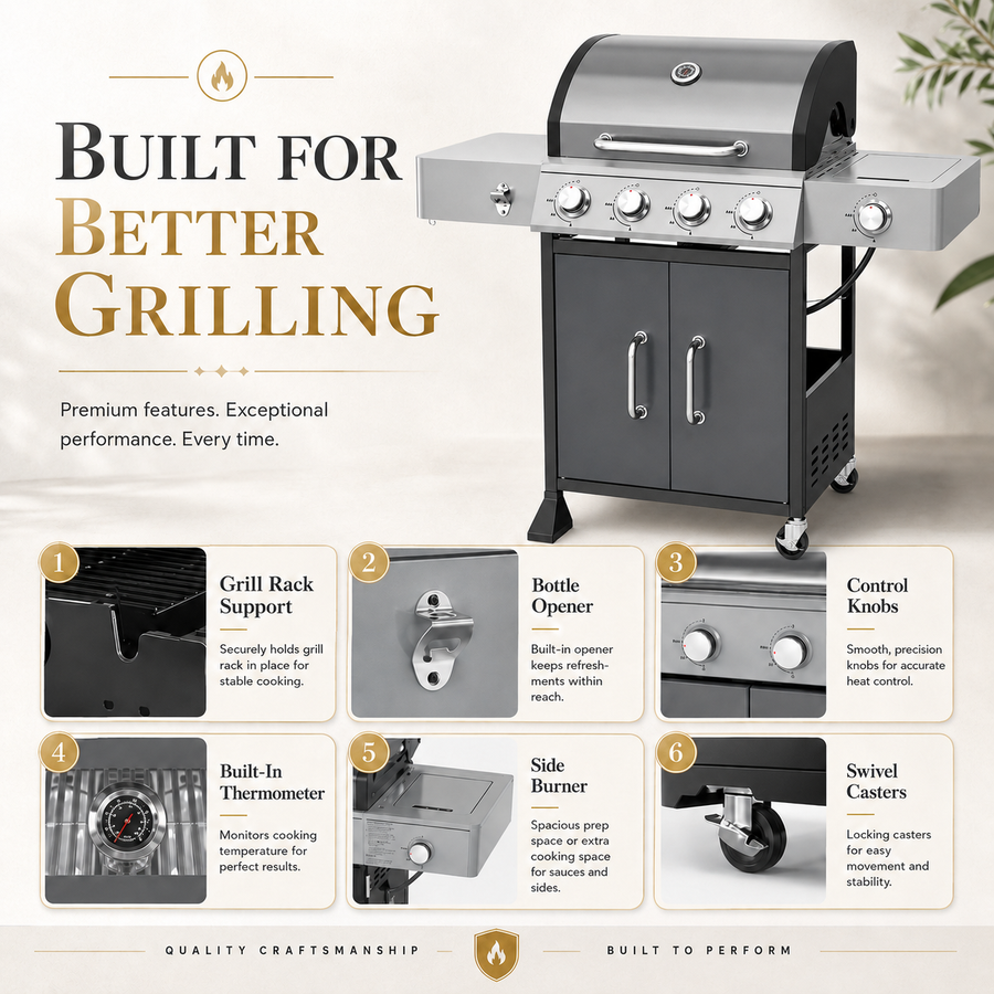 Seizeen Gas Grill with Side Burner, 51,000 BTU Outdoor BBQ Grill w/Porcelain-Enameled Cast Iron Grates, 4-Burner Portable Propane Grill on Wheelsfor Patio Backyard