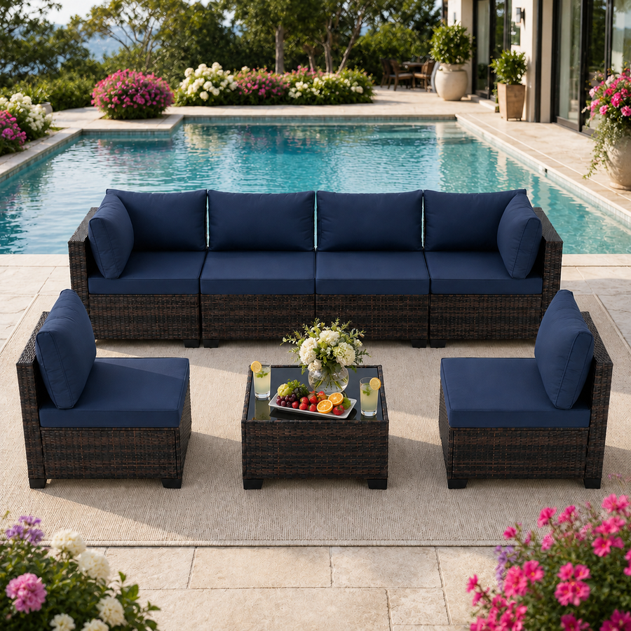 Patio Furniture Set on Sale, 7 Piece Luxurious Rattan Outdoor Sectional Set, All-Weather Wicker Porch Patio Couch w/Coffee Table, Thick Cushion Outdoor Sofa, Brown