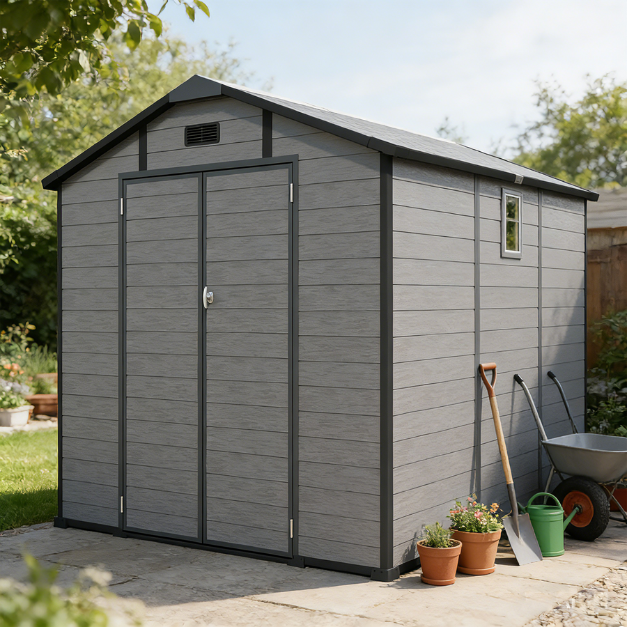 10x7.6ft Shed and Outdoor Storage, Garden Tool Resin Shed w/ Double Lockable Doors, All-Weather XXL Patio Storage Sloped Roof, Backyard Bike Shed with 2 Windows