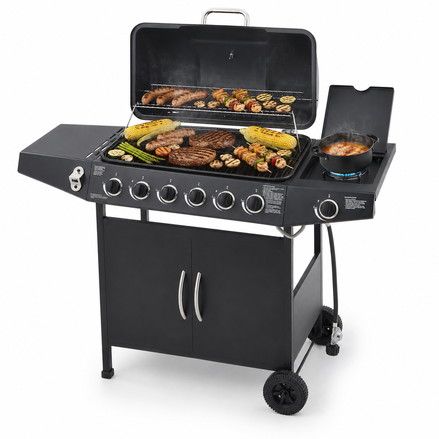 Seizeen 6 Burner Propane Gas Grill, 59000 BTU BBQ with Side Burner, 576 Sq In Cooking Area, Porcelain-Enameled Grates